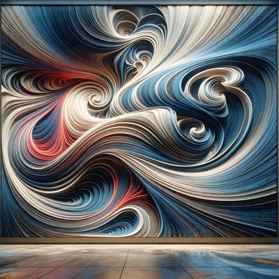 The primary subject of the image is a large, colorful painting of a swirling, abstract design. The painting is displayed on a wall, and it appears to be a digital art piece. The setting is a room with a wooden floor, and the visual style is modern and artistic. The dominant colors in the painting are blue, red, and white, creating a vibrant and dynamic atmosphere.
